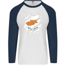 Torn Cyprus Flag Cypriot Day Football Mens L/S Baseball T-Shirt White/Navy Blue