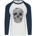 A Skull Made of Flowers Gothic Rock Biker Mens L/S Baseball T-Shirt White/Navy Blue