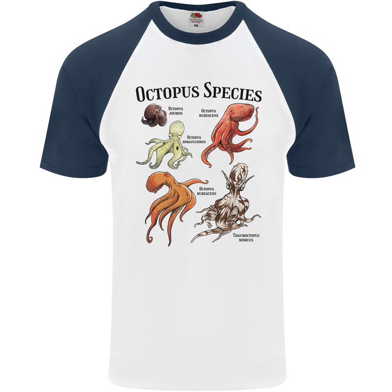 Octopus Species Sealife Scuba Diving Mens S/S Baseball T-Shirt White/Navy Blue