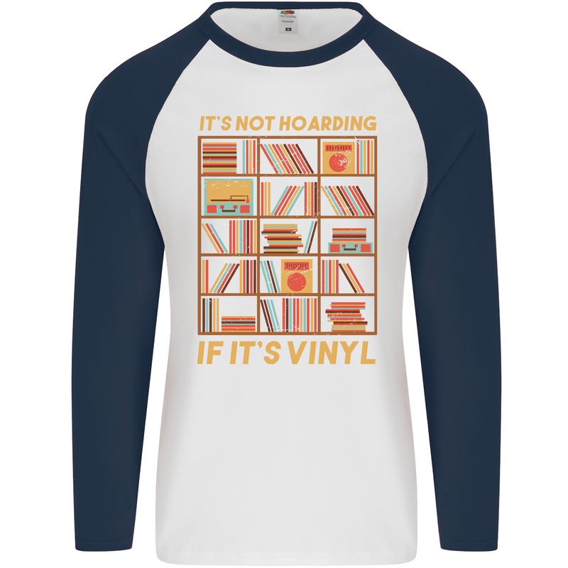 Funny Vinyl Records Turntable Music LP Mens L/S Baseball T-Shirt White/Navy Blue