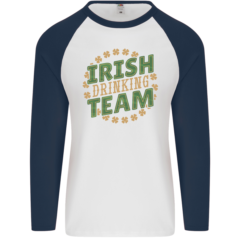 Irish Drinking Team Funny St. Patricks Day Mens L/S Baseball T-Shirt White/Navy Blue