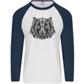 Mandala Art Tiger Mens L/S Baseball T-Shirt White/Navy Blue