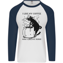 Black Cat Halloween Funny Coffee Mens L/S Baseball T-Shirt White/Navy Blue
