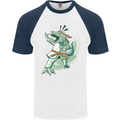 Karate T-Rex Dinosaur Mens S/S Baseball T-Shirt White/Navy Blue