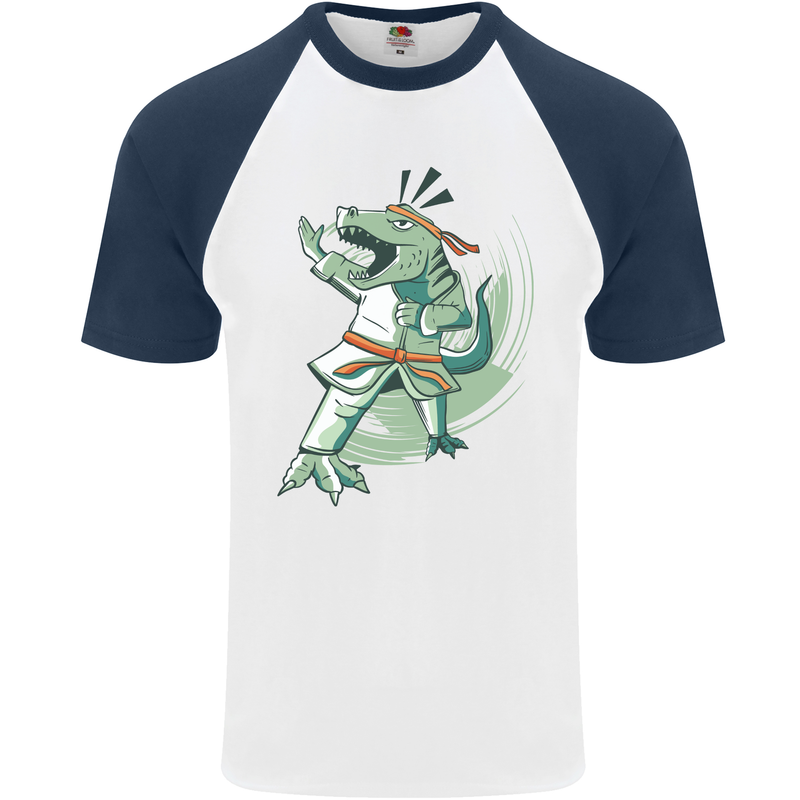 Karate T-Rex Dinosaur Mens S/S Baseball T-Shirt White/Navy Blue