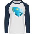 Curled Kazakhstan Flag Kazakh Day Football Mens L/S Baseball T-Shirt White/Navy Blue