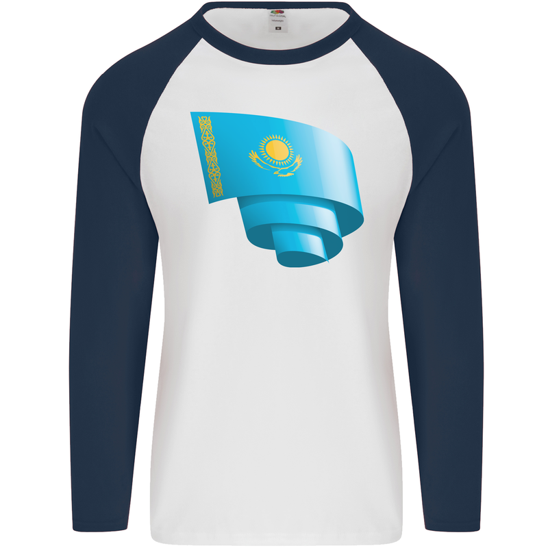 Curled Kazakhstan Flag Kazakh Day Football Mens L/S Baseball T-Shirt White/Navy Blue