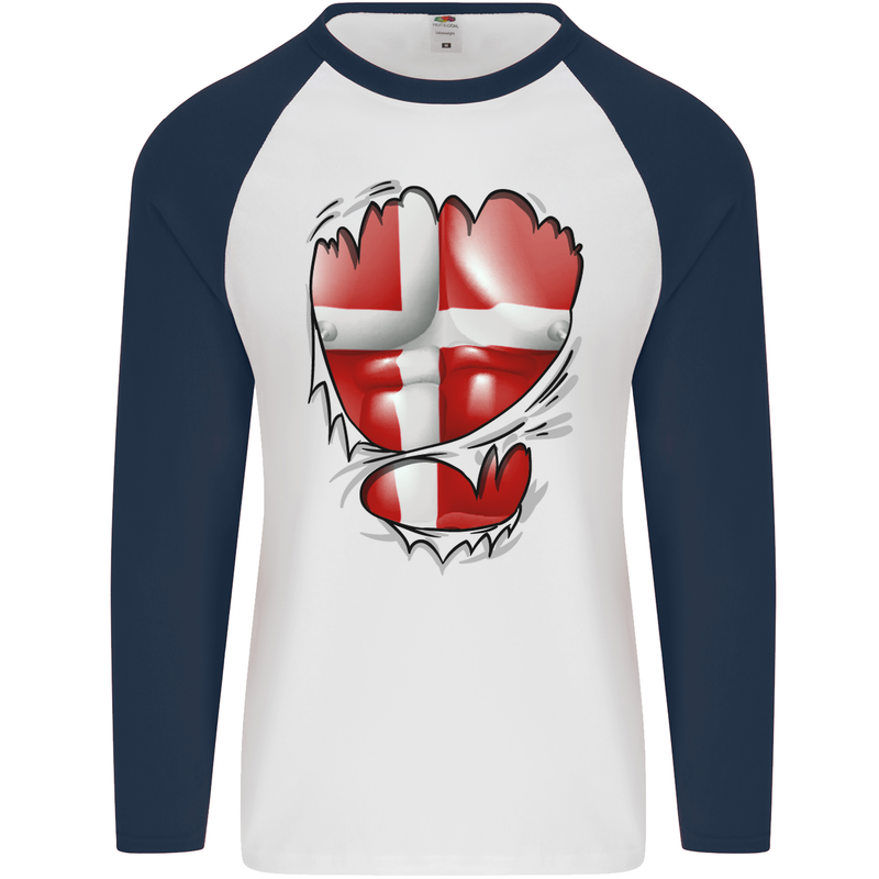 Gym Danish Flag Ripped Muscles Denmark Mens L/S Baseball T-Shirt White/Navy Blue