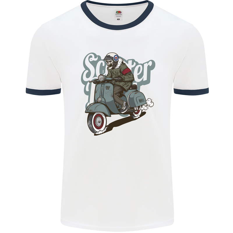 Scooter Skull Motorcycle MOD Biker Mens Ringer T-Shirt White/Navy Blue