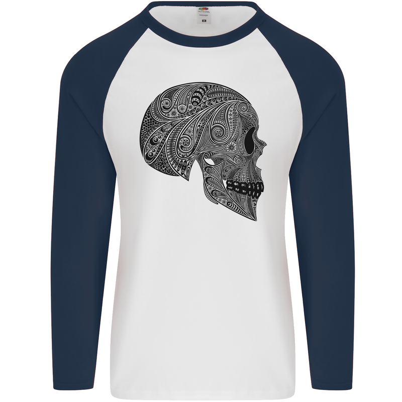 Mandala Skull Gothic Biker Motorbike Mens L/S Baseball T-Shirt White/Navy Blue