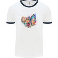 Christian Cross & Butterfly With Flowers Mens Ringer T-Shirt White/Navy Blue