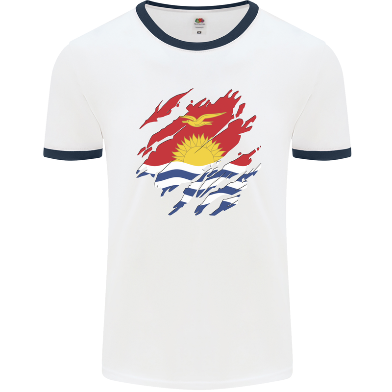 Torn Kiribati Flag Day Football Mens Ringer T-Shirt White/Navy Blue