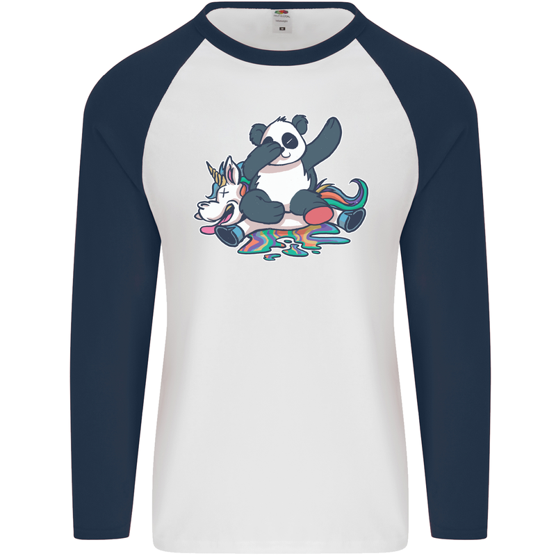 Dabbing Panda Squashing a Unicorn Funny Mens L/S Baseball T-Shirt White/Navy Blue