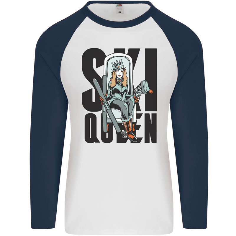 Ski Queen Funny Skiing Mens L/S Baseball T-Shirt White/Navy Blue