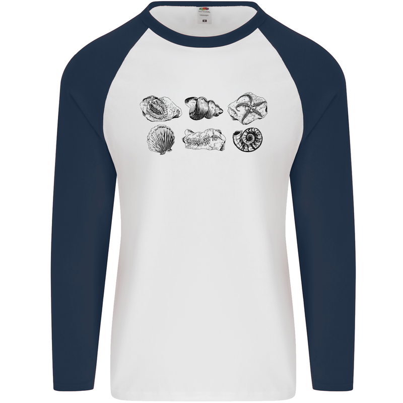 Fossil Set Palaeontologist Palaeontology Mens L/S Baseball T-Shirt White/Navy Blue