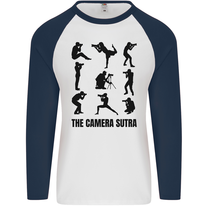 Camera Sutra Funny Photographer Photography Mens L/S Baseball T-Shirt White/Navy Blue