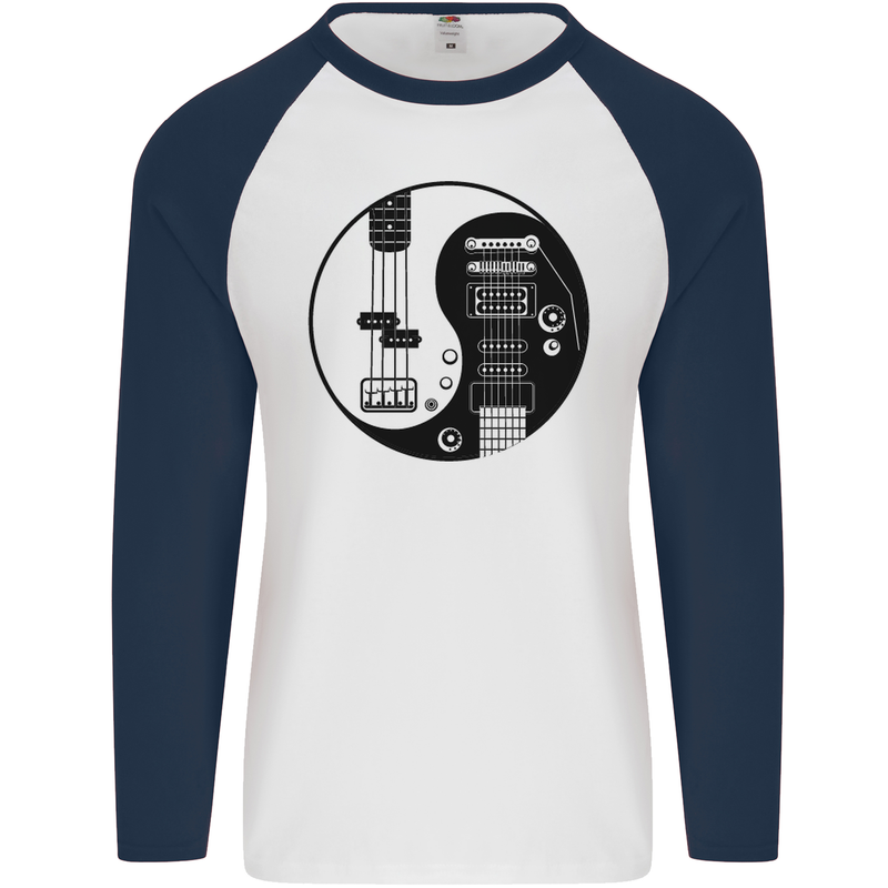 Ying Yang Guitar Guitarist Electric Bass Mens L/S Baseball T-Shirt White/Navy Blue