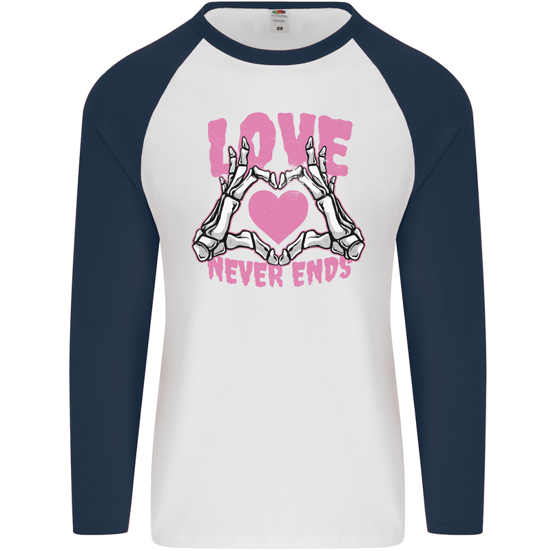 Love Never Ends Gothic Valentine's Day Mens L/S Baseball T-Shirt White/Navy Blue