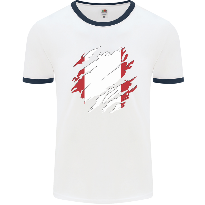 Torn Peru Flag Peruvian Day Football Mens Ringer T-Shirt White/Navy Blue