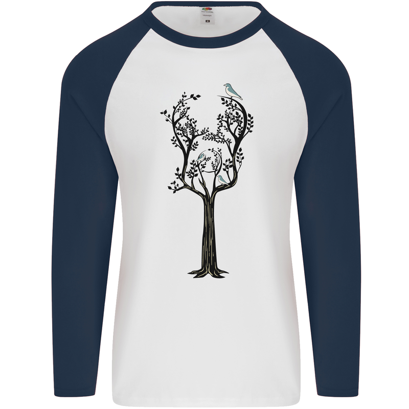 Acoustic Guitar Tree Guitarist Music Band Mens L/S Baseball T-Shirt White/Navy Blue