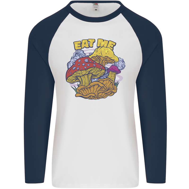 Eat Me Mushroom Fungi Mycology Mens L/S Baseball T-Shirt White/Navy Blue