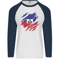 Torn Haiti Flag Haitian Day Football Mens L/S Baseball T-Shirt White/Navy Blue