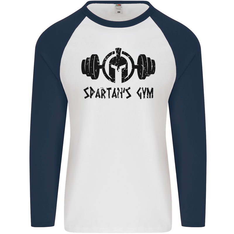 Spartans Gym Mens L/S Baseball T-Shirt White/Navy Blue