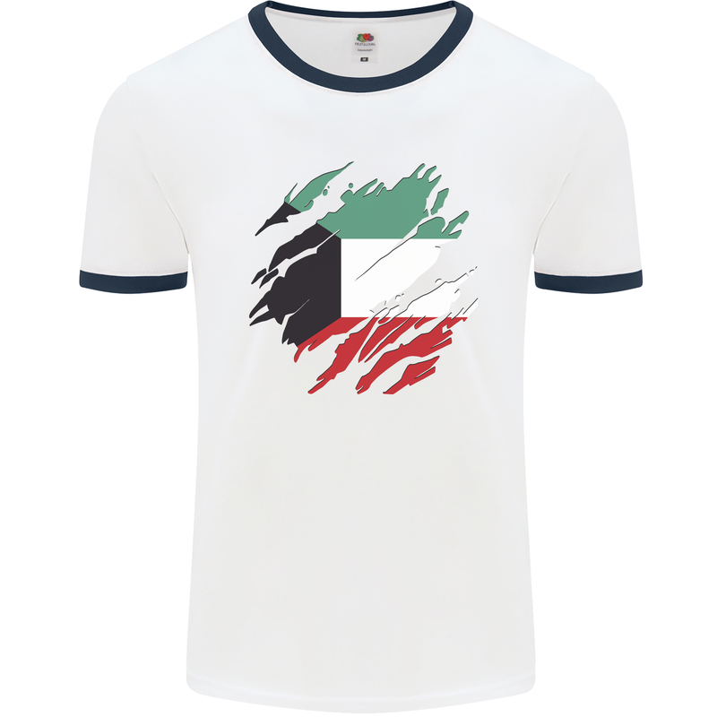 Torn Kuwait Flag Kuwaiti Day Football Mens Ringer T-Shirt White/Navy Blue