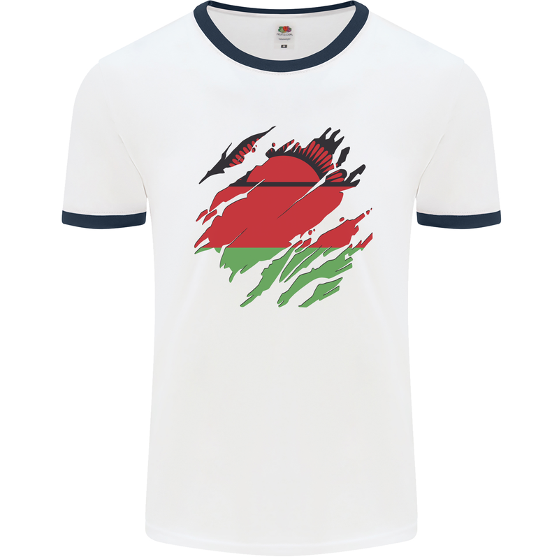 Torn Malawi Flag Malawian Day Football Mens Ringer T-Shirt White/Navy Blue