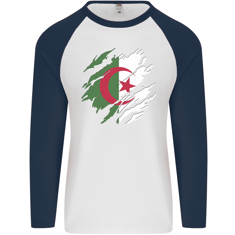 Torn Algeria Flag Algerian Day Football Mens L/S Baseball T-Shirt White/Navy Blue