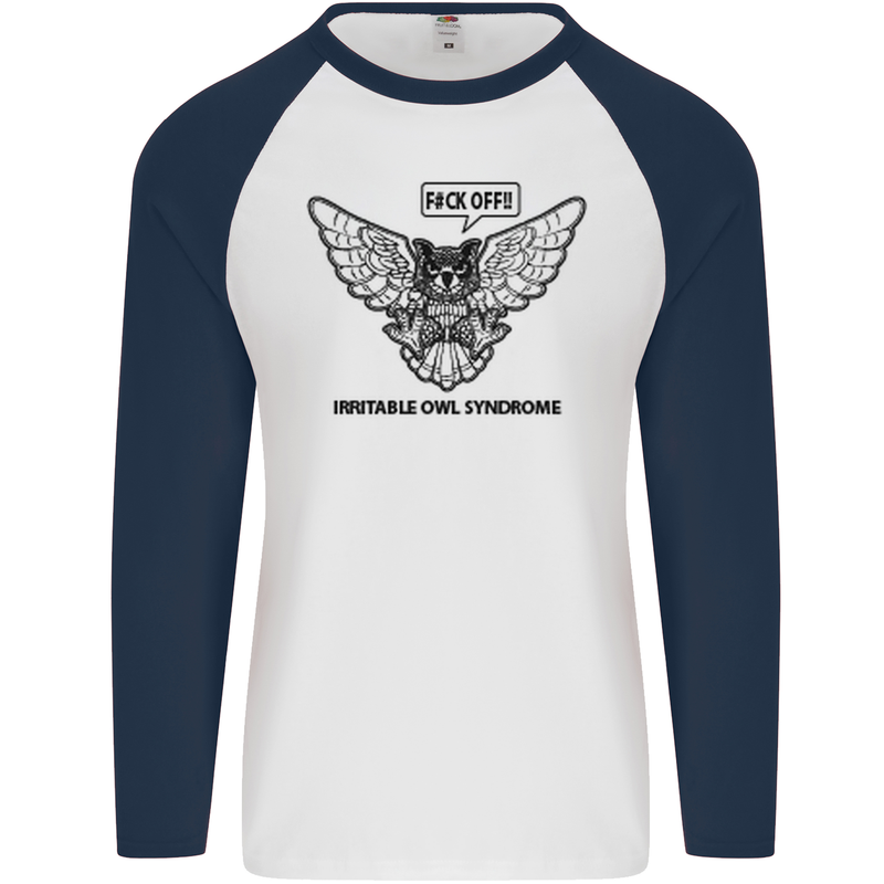 Irritable Owl Syndrome Bowel IBS Funny Mens L/S Baseball T-Shirt White/Navy Blue