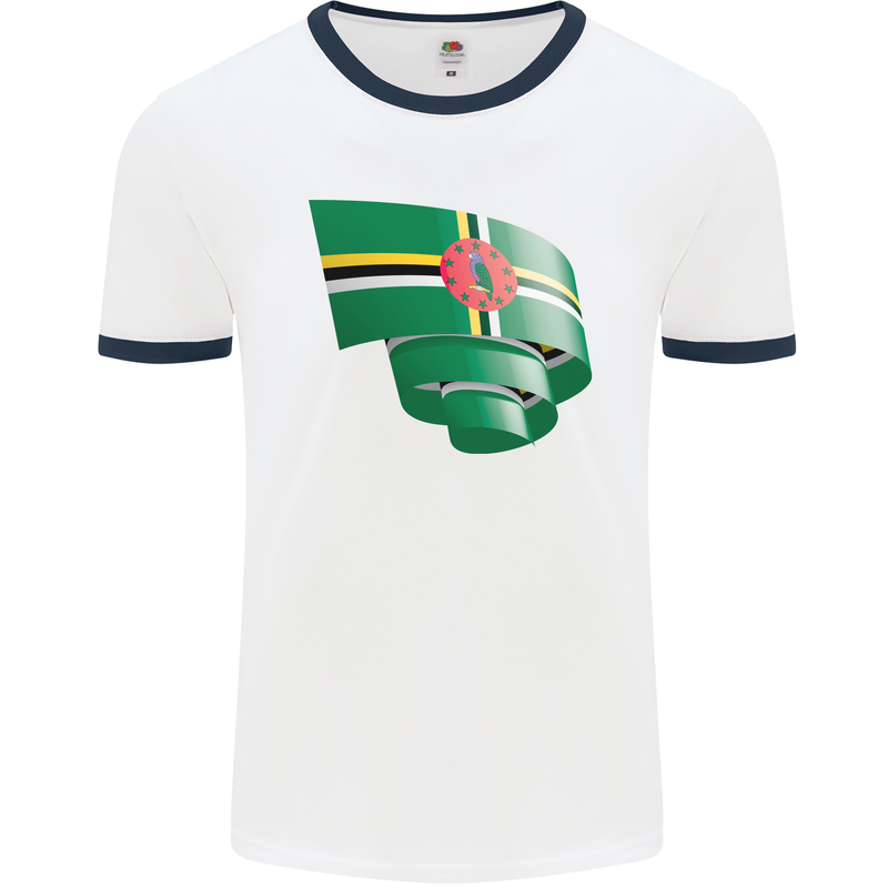 Curled Dominica Flag Dominican Day Football Mens Ringer T-Shirt White/Navy Blue