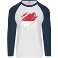 Torn Indonesia Flag Indonesian Day Football Mens L/S Baseball T-Shirt White/Navy Blue