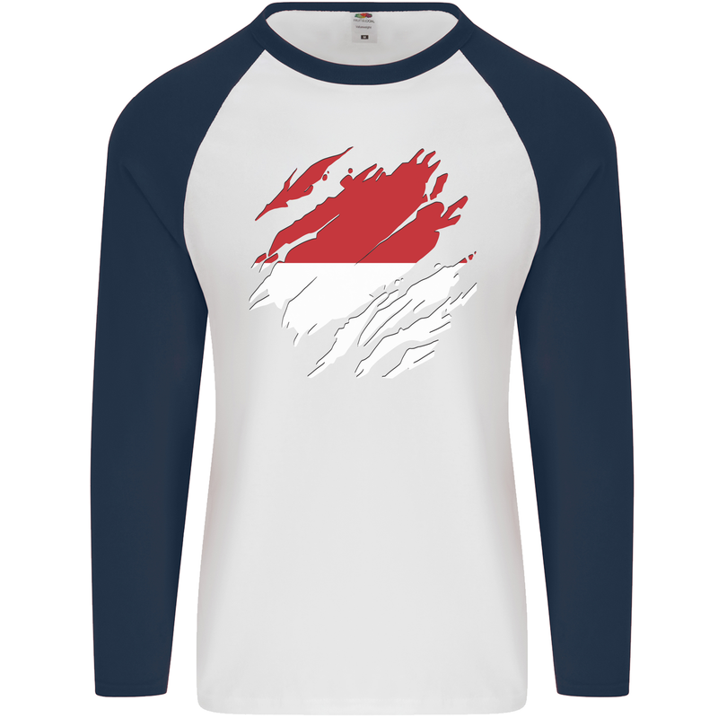 Torn Indonesia Flag Indonesian Day Football Mens L/S Baseball T-Shirt White/Navy Blue