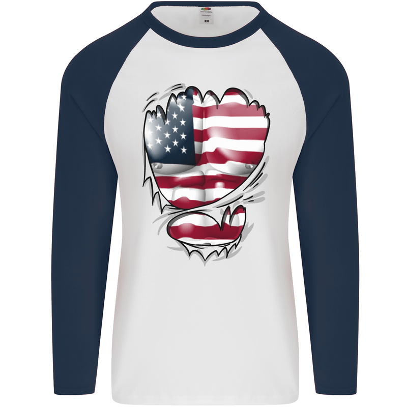 Gym Stars & Stripes American Flag Ripped Mens L/S Baseball T-Shirt White/Navy Blue