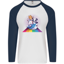 Mystical Panda Bear Unicorn Cat and Shark Mens L/S Baseball T-Shirt White/Navy Blue