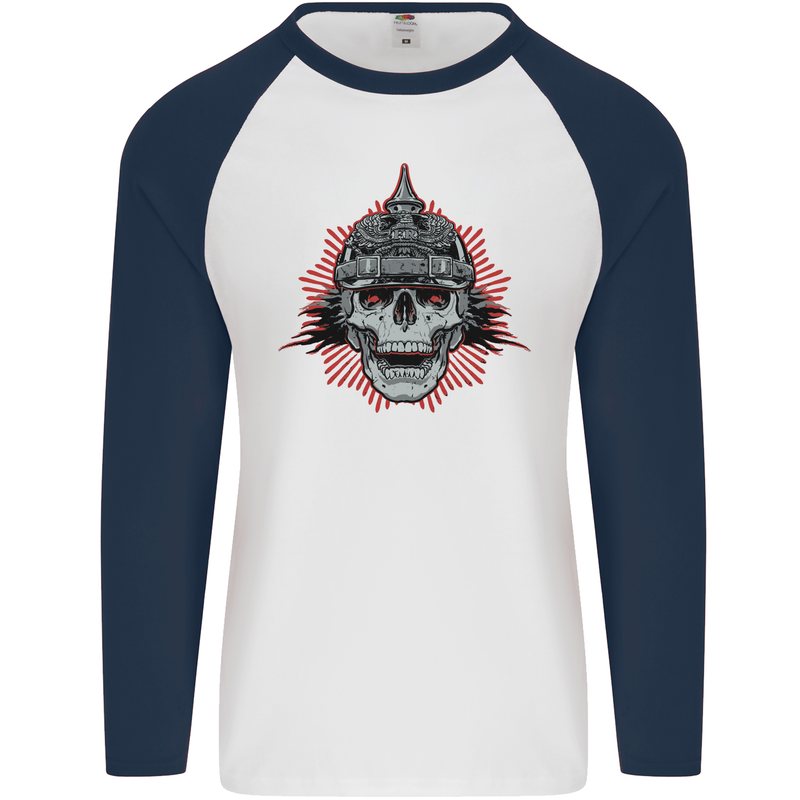 Pickelhaube Skull Prussian Helmet Biker Mens L/S Baseball T-Shirt White/Navy Blue