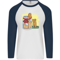 Gingerbread Man Escape Funny Food Mens L/S Baseball T-Shirt White/Navy Blue