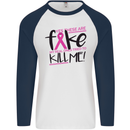 Breast Cancer Awareness Fake Boobs Mens L/S Baseball T-Shirt White/Navy Blue