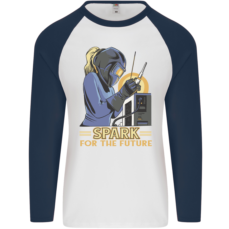 Future Spark Female Welder Welding Mens L/S Baseball T-Shirt White/Navy Blue