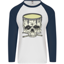 Skull Snare Drum Drummer Drumming Mens L/S Baseball T-Shirt White/Navy Blue