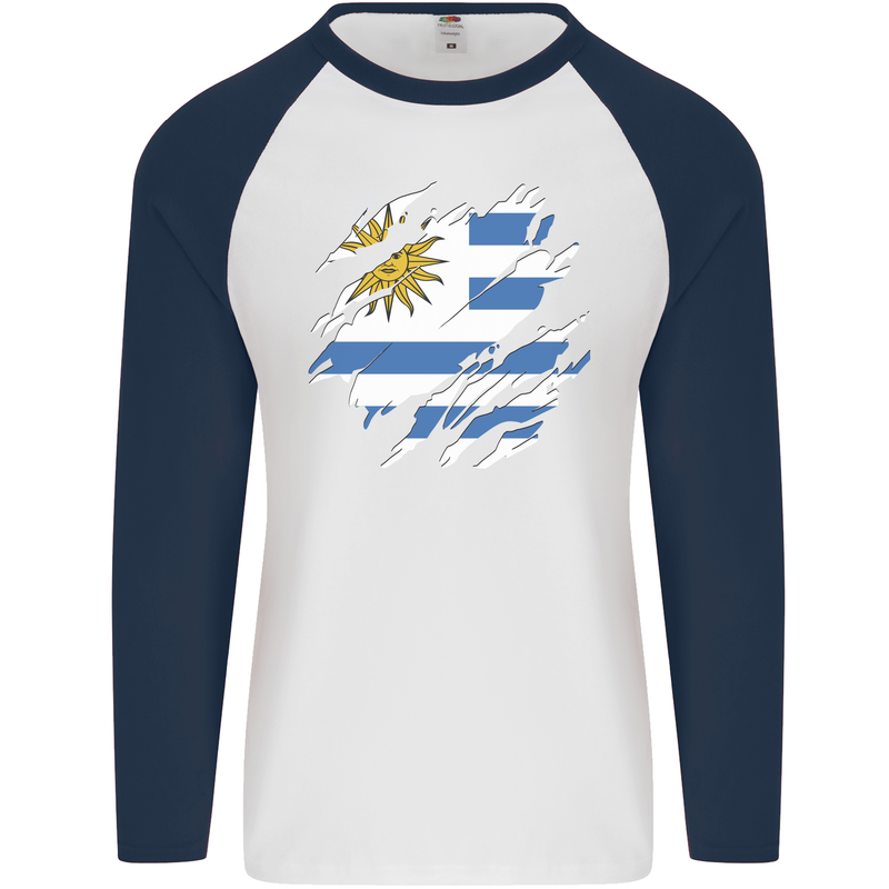 Torn Uruguay Flag Uruguayan Day Football Mens L/S Baseball T-Shirt White/Navy Blue