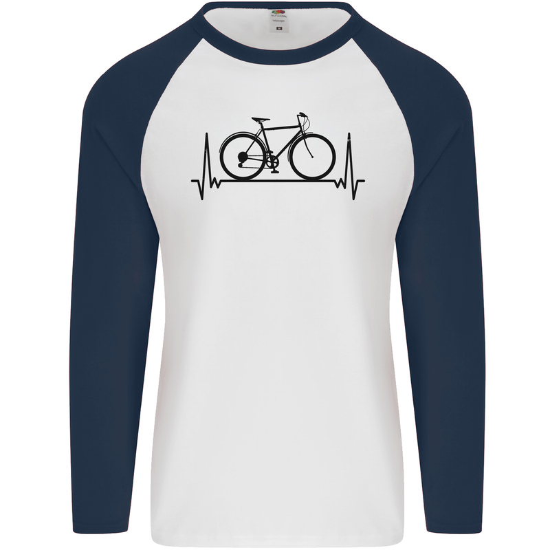 Cycling Heart Beat Bike Bicycle Cyclist ECG Mens L/S Baseball T-Shirt White/Navy Blue