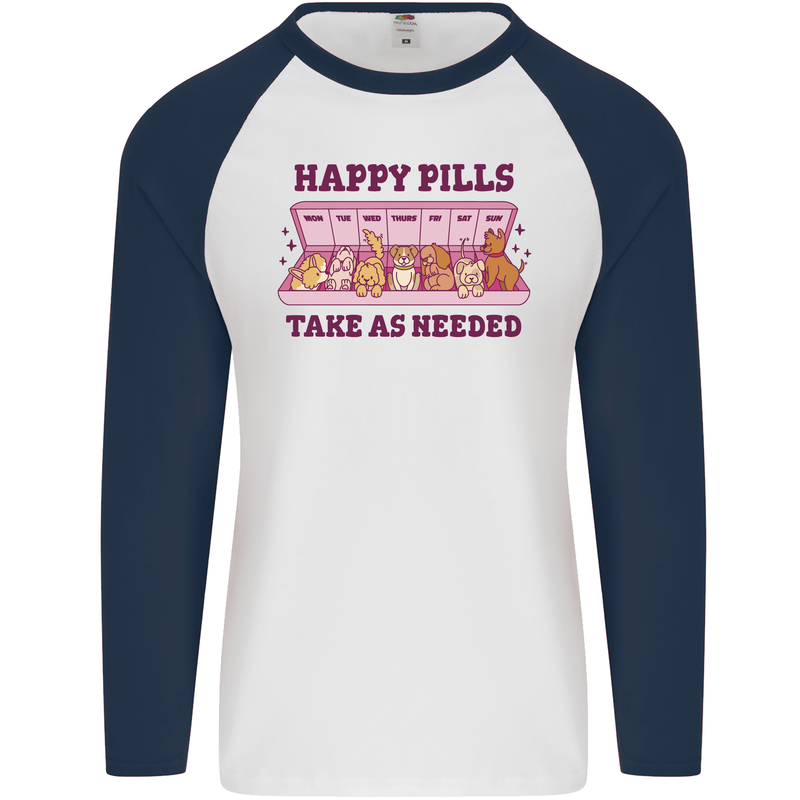 Dog Happy Pills Mens L/S Baseball T-Shirt White/Navy Blue