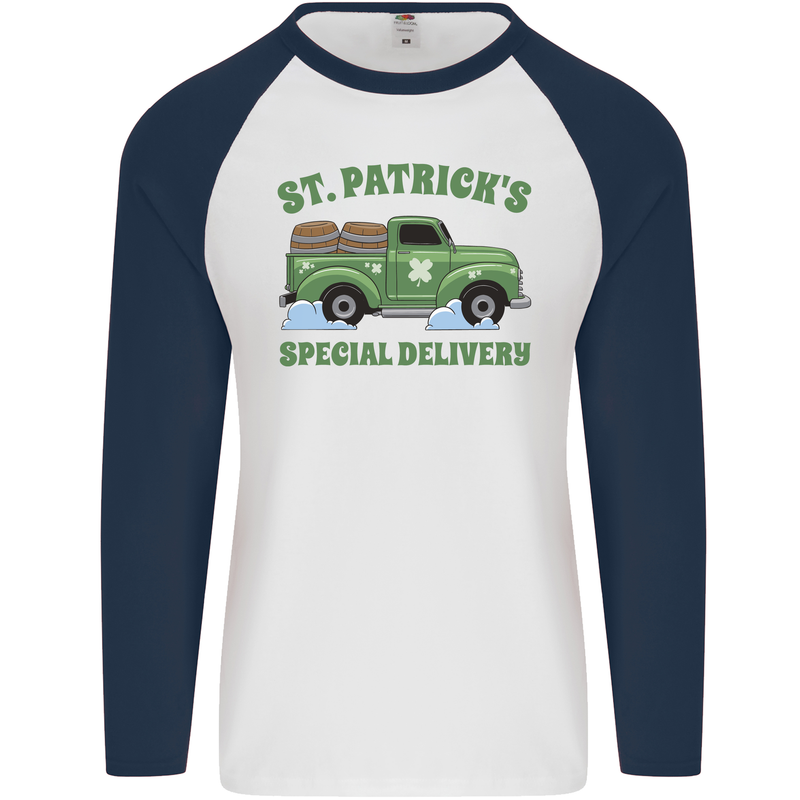 St Patricks Beer Delivery Funny Alcohol Guiness Mens L/S Baseball T-Shirt White/Navy Blue