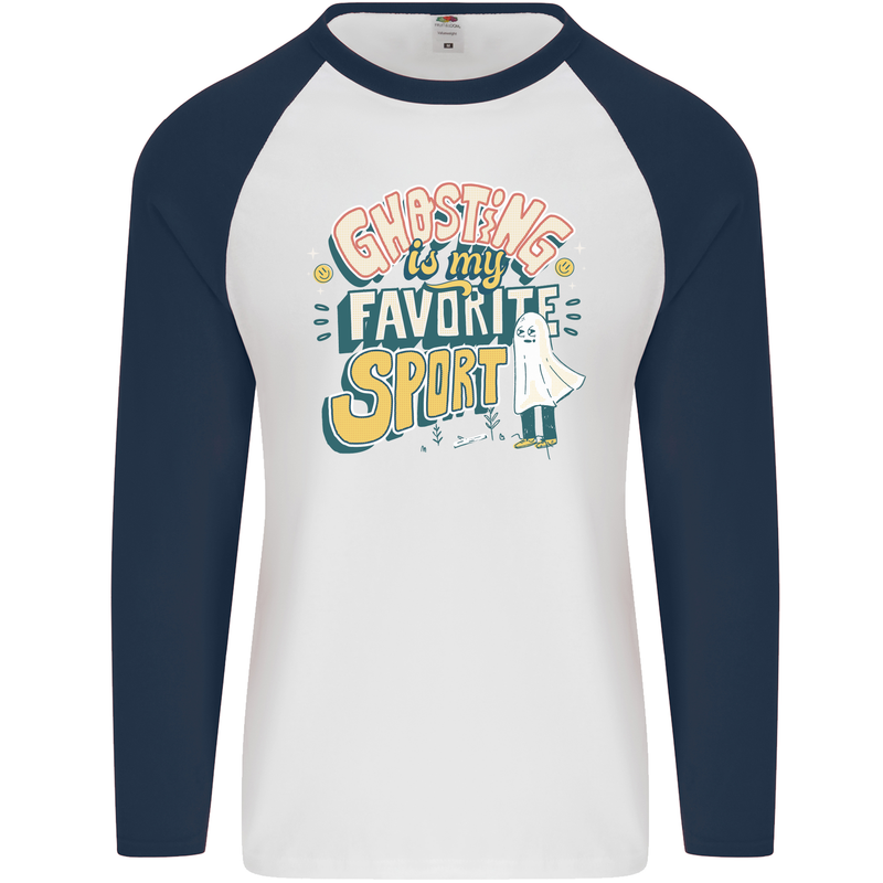 Ghosting Sport Funny Anti Valentines Day Mens L/S Baseball T-Shirt White/Navy Blue