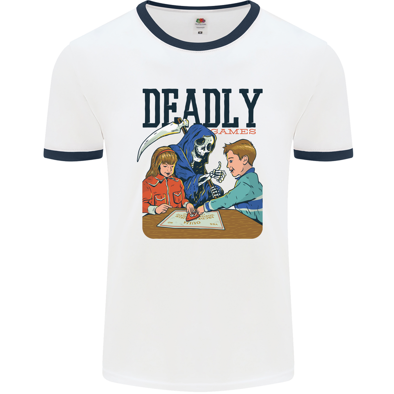 Deadly Games Ouija Board For Kids Grim Reaper Mens Ringer T-Shirt White/Navy Blue