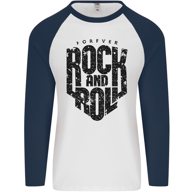 Forever Rock and Roll Music Mens L/S Baseball T-Shirt White/Navy Blue