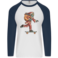 Funny Santa Clause Alien on a Skateboard Mens L/S Baseball T-Shirt White/Navy Blue