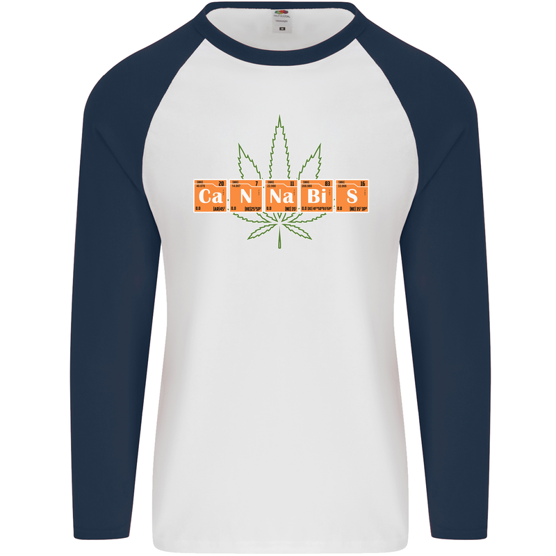 Cannabis Periodic Table Chemistry Weed Mens L/S Baseball T-Shirt White/Navy Blue